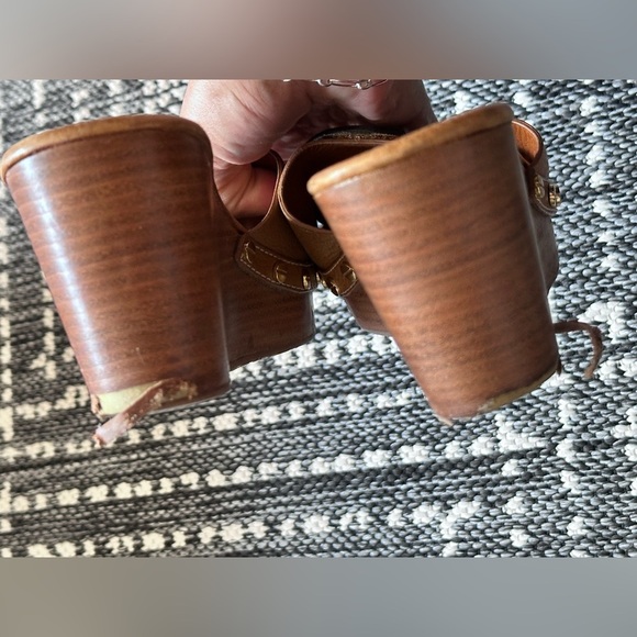 Tory Burch Leather Shoes Wedge Mule Sandals Patti Tan Wooden Platform Heels  8.5 - Picture 8 of 12